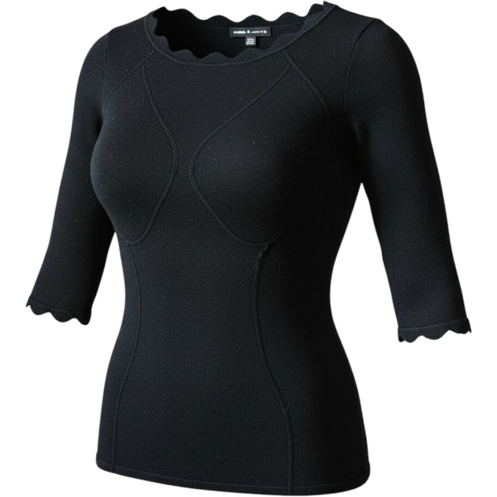 Cable & Gauge Black Scalloped Neck 3/4 Sleeve Knit Top Medium CX45390